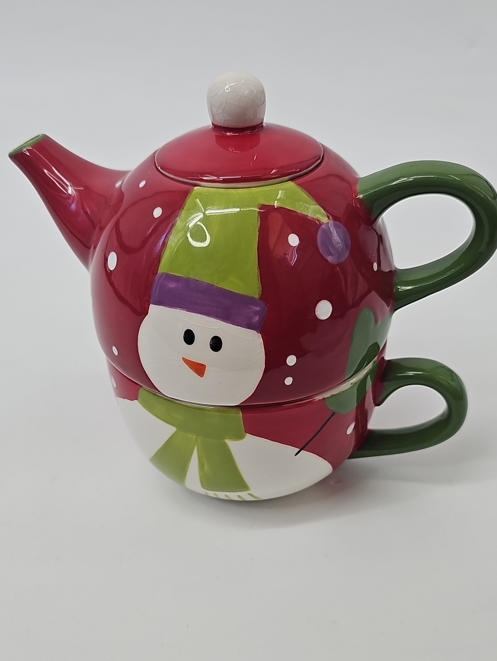 Snowman Teapot & Cup Set Red & White Polka Dot Winter Holiday Christmas